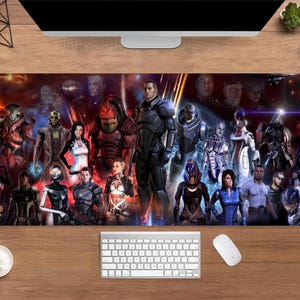 May include: A large rectangular desk mat featuring a vibrant collage of characters from a science fiction video game. The artwork showcases a variety of figures in futuristic armor and attire, set against a backdrop of space and cosmic elements.