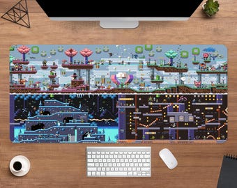 Pixel Art Gaming World Desk Mat | Multiverse Gaming Characters Mouse Pad | Large Desk Pad | Gaming Desk Decor