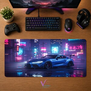 Toyota Supra Desk Mat | Neon JDM Car Mouse Pad | Large Desk Pad | Gamer Desk Decor