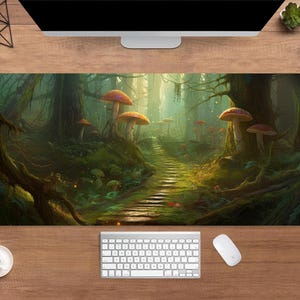 Fairy Tale Forest Desk Mat | Magic Mushroom Mouse Pad | Large Desk Pad | Gamer Desk Decor