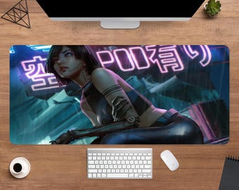 Cyberpunk Girl Desk Mat | Futuristic Sci-Fi Mouse Pad | Large Desk Pad | Gamer Desk Decor