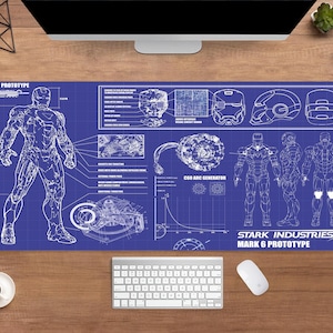 Iron Man Mark 6 Blueprint Desk Mat | Avengers Mouse Pad | Large Desk Pad | Movie Desk Decor