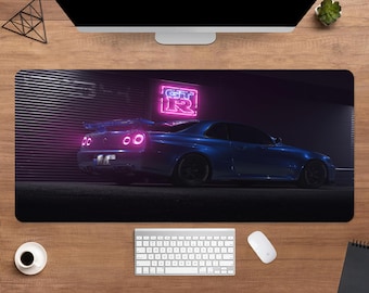 Skyline GT-R R34 Desk Mat | Neon JDM Car Mouse Pad | Large Desk Pad | Gamer Desk Decor