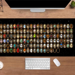 以下が含まれることがあります： 楕円形のフレームにイラスト入りのキャラクターポートレートが多数描かれた黒いデスクマット。ポートレートは星空の背景に、行と列に配置されています。コンピュータのキーボードとマウスが見えます。