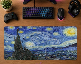 Starry Night Desk Mat | Van Gogh Style Mouse Pad | Large Desk Pad | Anime Gamer Desk Decor