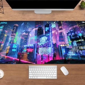 Cyberpunk City Desk Mat | Futuristic Sci-Fi Mouse Pad | Large Desk Pad | Gamer Desk Decor