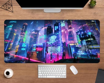 Cyberpunk City Desk Mat | Futuristic Sci-Fi Mouse Pad | Large Desk Pad | Gamer Desk Decor