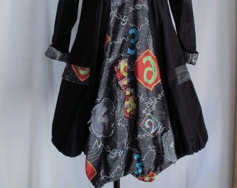 Art-To-Wear Black Cotton Collage Coat: Patchwork Bubble Coat, Size Small