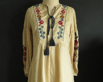 Embroidered Peasant Tunic Baby Doll Dress w/ Tassels UK Import Folkloric Boho Blouse Size 6 US