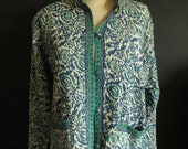 Indian Kantha Reversible Cotton Quilted Block Print Jacket Blue Green Summer Jacket XL Size Large to Extra Large