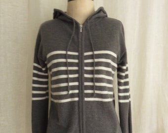Zip Hoodie Sweater Grey with White Stripes Wool Blend Knit Size Small to Medium