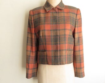 Sz 8 Plaid Wool Jacket Gray & Orange-Pink Plaid Preppy Crop Jacket Vintage Carlisle Size 8
