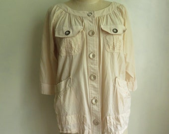 M Sanctuary Peasant Blouse Ecru Cotton w/ Pockets and Satin Trim Button-Front Short Sleeves Size Medium