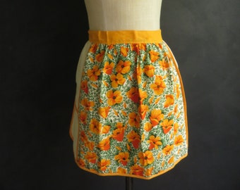 Floral Poppy Apron Vintage Linen Half Apron California Poppies 1950s Apron with Pockets