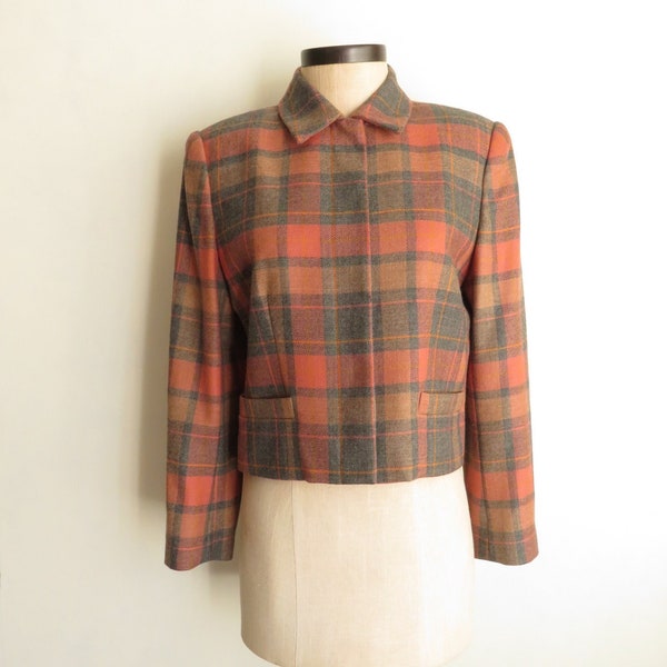 Sz 8 Plaid Wool Jacket Gray & Orange-Pink Plaid Preppy Crop Jacket Vintage Carlisle Size 8