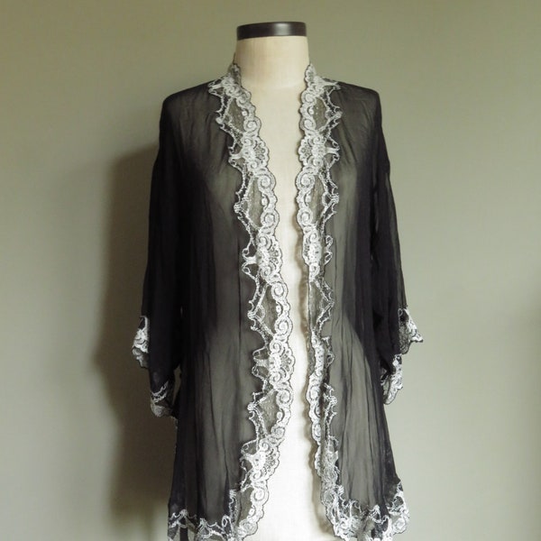 Mary Green Sheer Black Silk & Lace Cover-up Kimono Robe Vintage Inspired Lingerie Lounge Wear Anthropologie