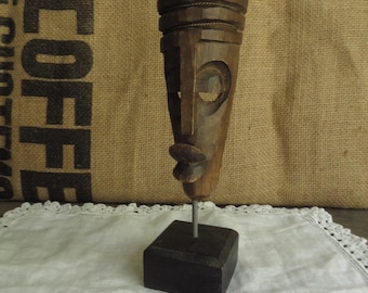 Small Hand-Carved tribal Mask on Stand Wooden Primitive Art Object