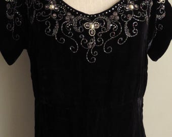 1920s Beaded Velvet Dress, Handmade Rhinestone Silk Midi, Large