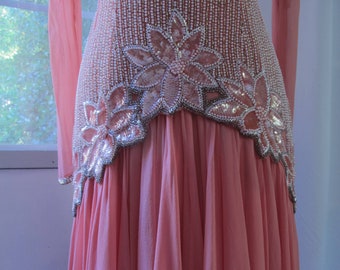 80s Pink Lillie Rubin Beaded Dress Silk Chiffon White Silver Beads Pink Sequins Size 8 Art Deco Great Gatsby Formal Red Carpet Film Premiere