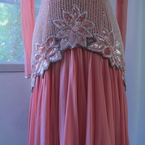 80s Pink Lillie Rubin Beaded Dress Silk Chiffon White Silver Beads Pink Sequins Size 8 Art Deco Great Gatsby Formal Red Carpet Film Premiere