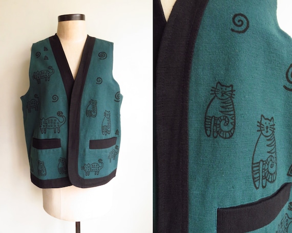 L Cat Print Vest Nepal Green & Black Cotton Handm… - image 1