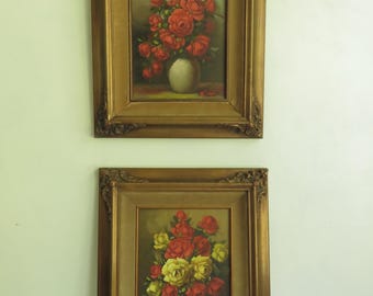 Vintage Floral Still Life Oil Paintings Pair of Mid Century Rose Paintings
