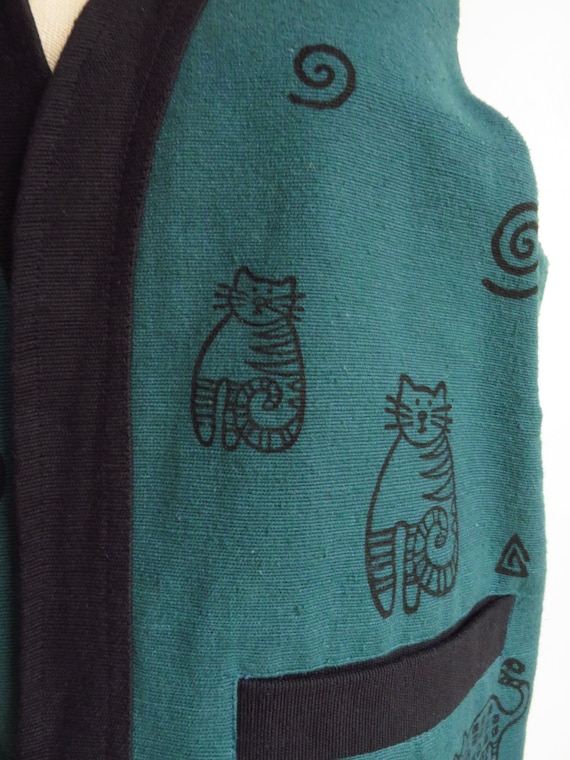 L Cat Print Vest Nepal Green & Black Cotton Handm… - image 3