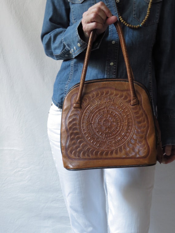 Vintage Mexican Purse Tooled Leather Mayan Figure… - image 2