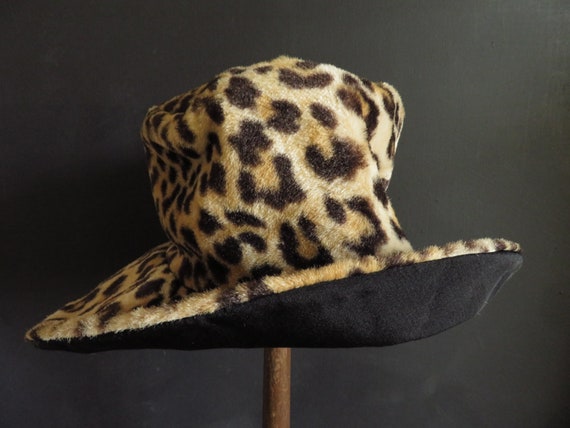 60s Leopard Hat Vintage Wide Floppy Brim Faux Fur