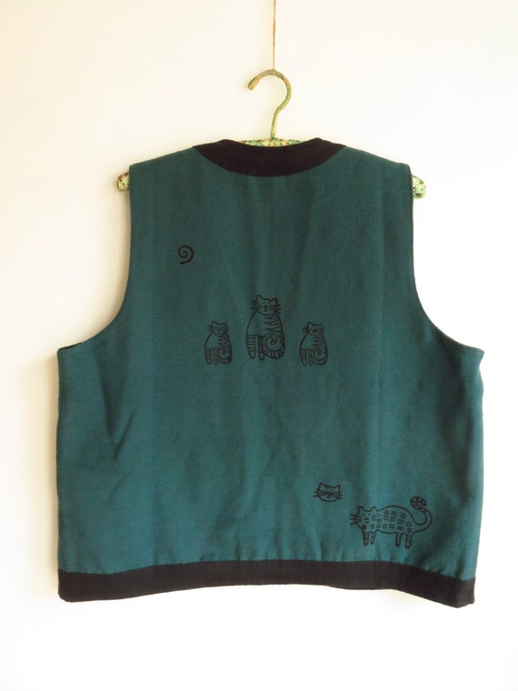 L Cat Print Vest Nepal Green & Black Cotton Handm… - image 6