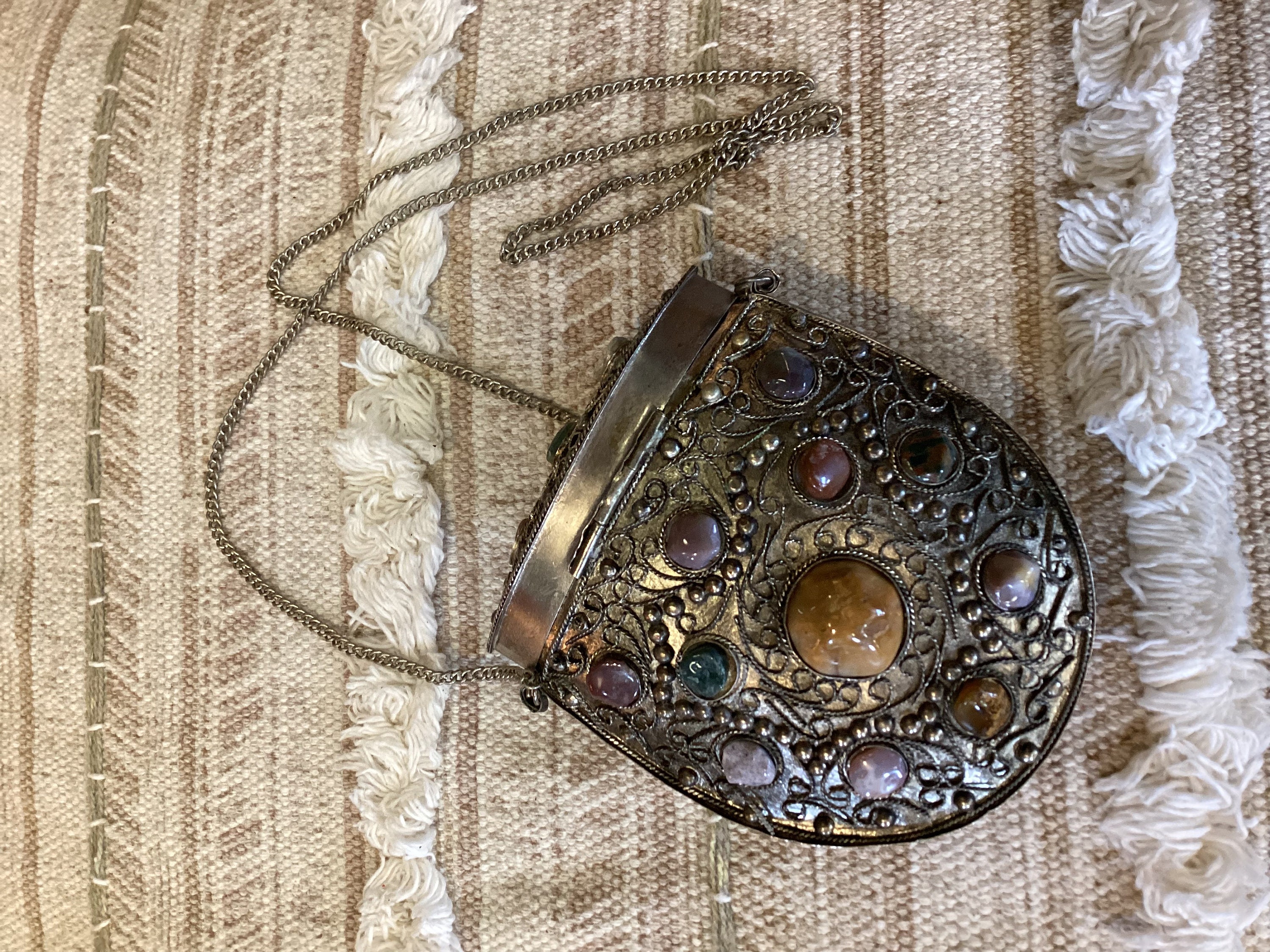 Indian Sajai Agate Stones Metal Purse Shoulder Strap Chain Hinged