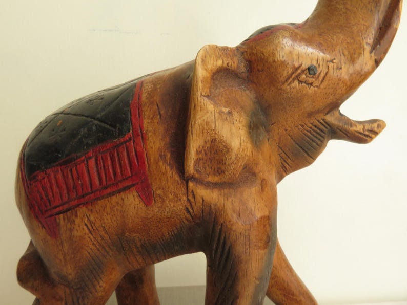 Carved Wooden Elephant Vintage Figure Hand Painted India Hand Carved ...