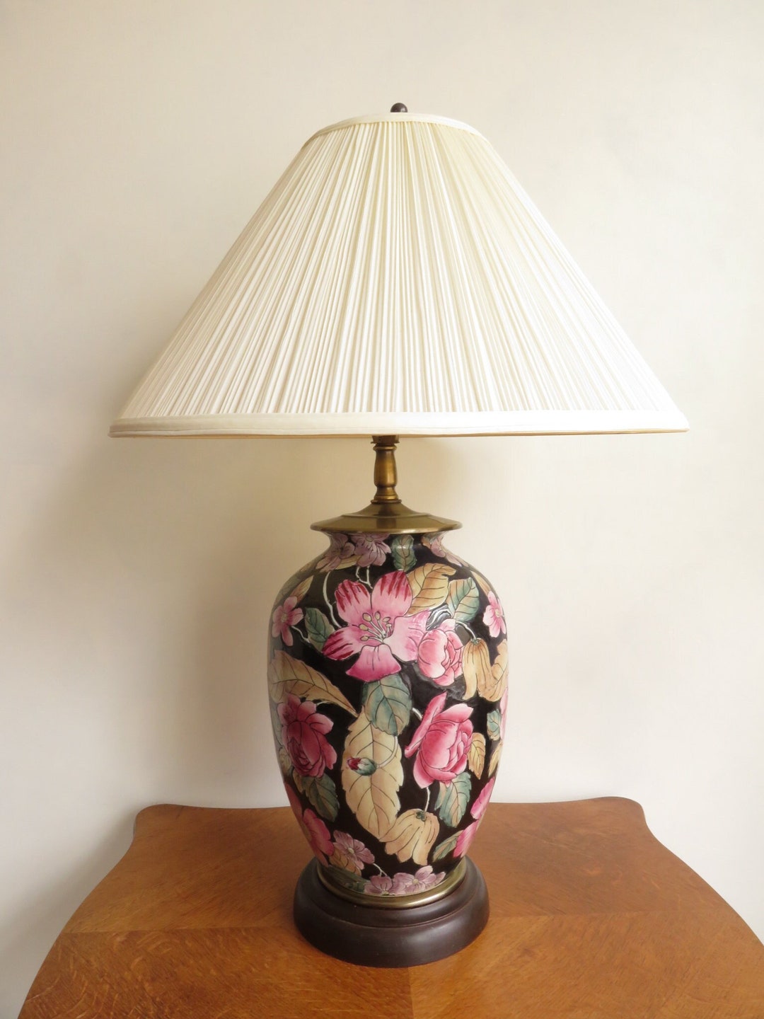 Black Ginger Jar Lamp Hand Painted Vintage Floral Ceramic Etsy
