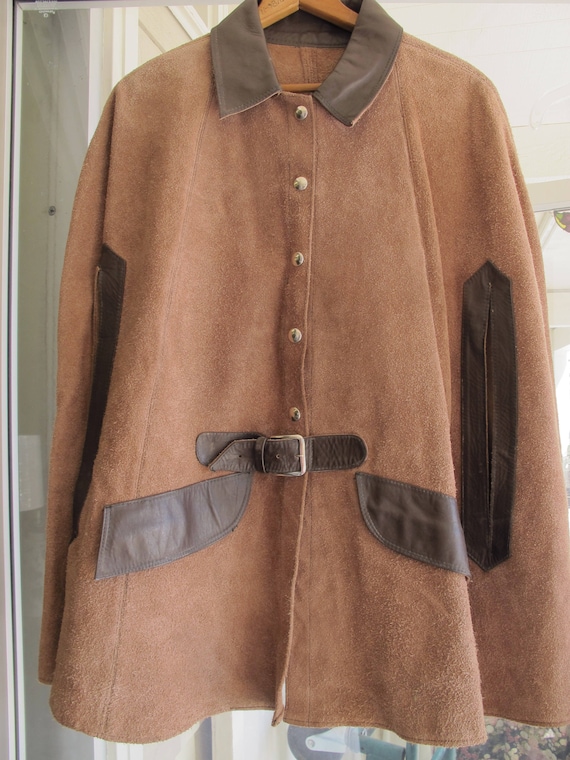 60s Vintage Suede Cape Belted Snap Front 70s Brown