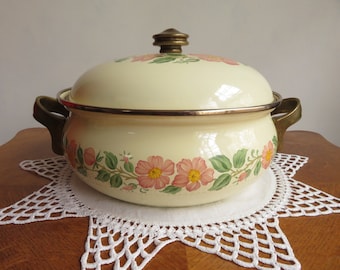 80s Franciscan Desert Rose Enamel Stew Pot w/ Lid Brass & Handles Franciscan Vintage Farmhouse Country Kitchen Cookware Enamelware Stock Pot