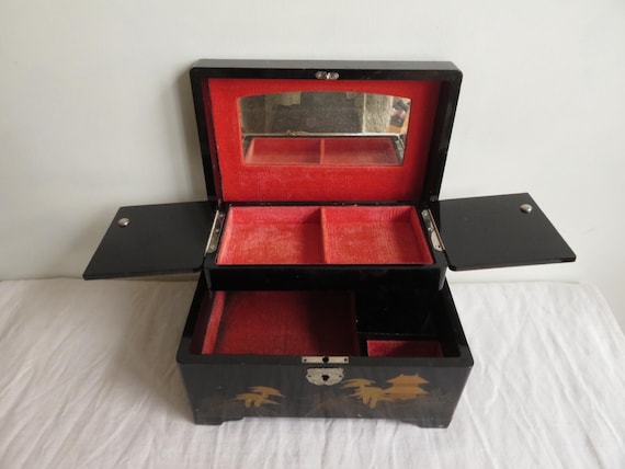 Vintage Chinese Jewelry Box Music Box Black Lacquer Wood