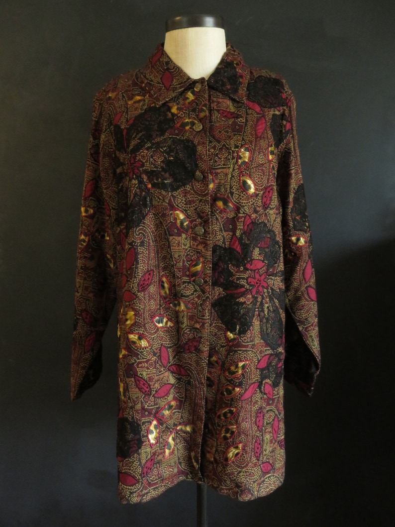 US Size 12Large Long Tapestry Jacket Brown Red Black Applique Coat Chico/'s Size 2