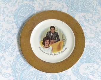President & Mrs. John F. Kennedy Small Gold Trimmed Plate Vintage Collectible JFK Saucer
