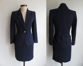 4 YSL Skirt Suit Yves St. Laurent 90s Vintage Navy Blue Blazer & Mini Skirt Outfit Size 4