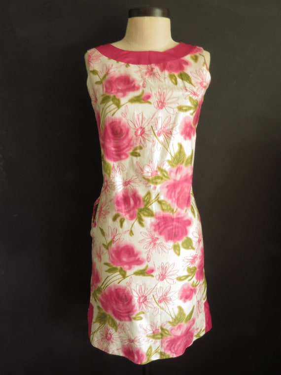 50s Pink Rose Pencil Dress Floral Sheath Sundress… - image 2