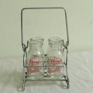 Miniature Glass Milk Bottles Vintage Style Milk Bottles in Metal Caddy Toy Doll House Mini Milk Bottles & Carrier