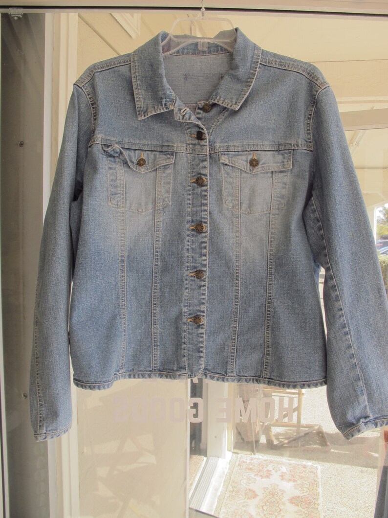 90s Embellished Denim Jacket Patched w Vintage Floral Needlepoint Made In England Faded Denim Button Up Handmade Design Boho Upcycled