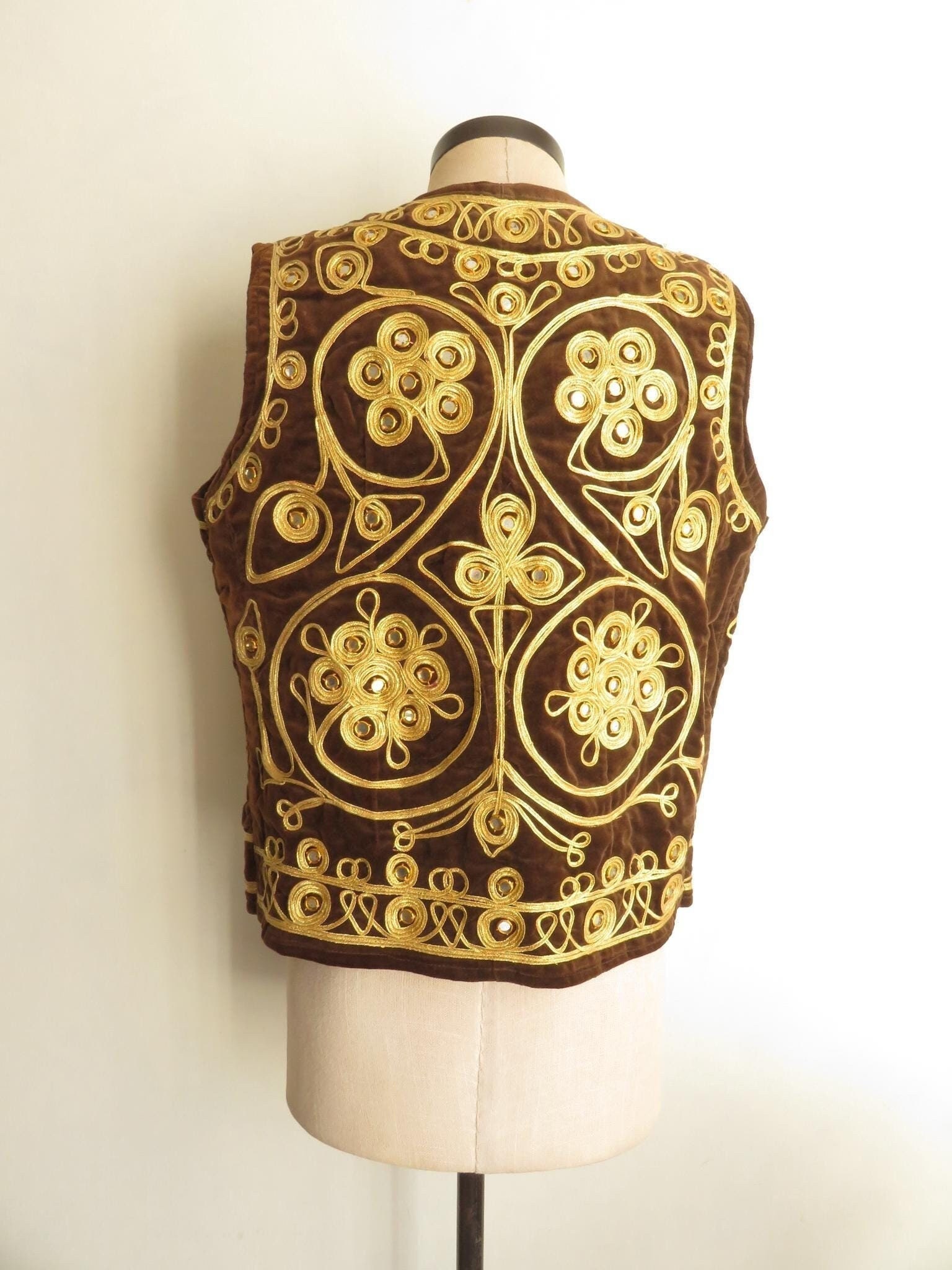 【1970s】Vintage Velvet Gilet ジレ 超希少 イギリス製 70s Brown Velvet Gold Soutache Mirror Vest Jimi Hendrix Vest