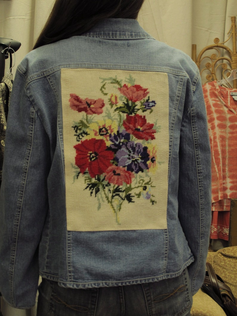 90s Embellished Denim Jacket Patched w Vintage Floral Needlepoint Made In England Faded Denim Button Up Handmade Design Boho Upcycled