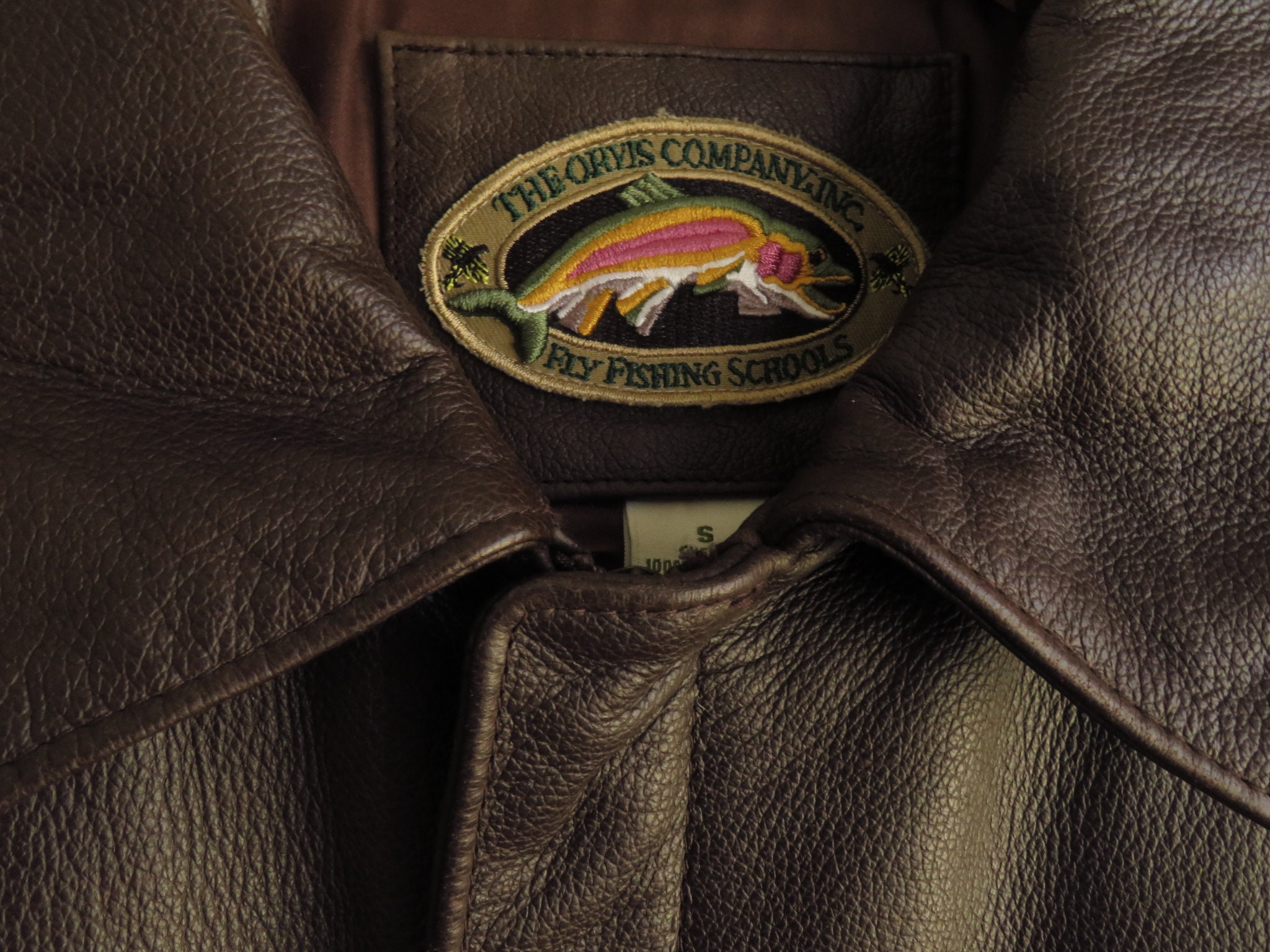 S Orvis Brown Leather Bomber Jacket Men 