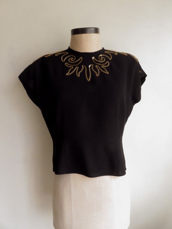 40s Black Rayon Crepe Blouse w/ Gold Sequins