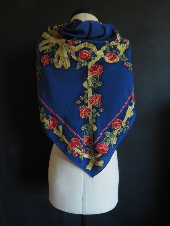 34" Christian Dior Scarf Royal Blue w/ Red Roses B