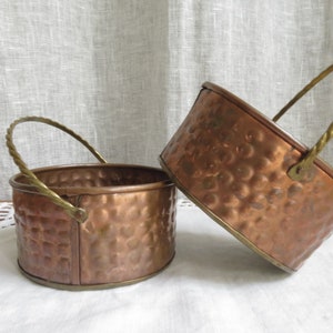 Small French Copper Pots Hammered Copper Pails Vintage Copper Containers Tiny Copper Bucket ~ Baskets w Brass Handles Copper Table Decor