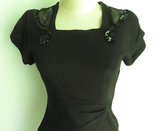 40s Black Crepe Top w/ Black Sequins Art Deco Rayon-Crepe Fitted Top Size Small