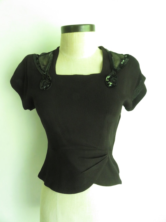 40s Black Crepe Top w/ Black Sequins Art Deco Rayo